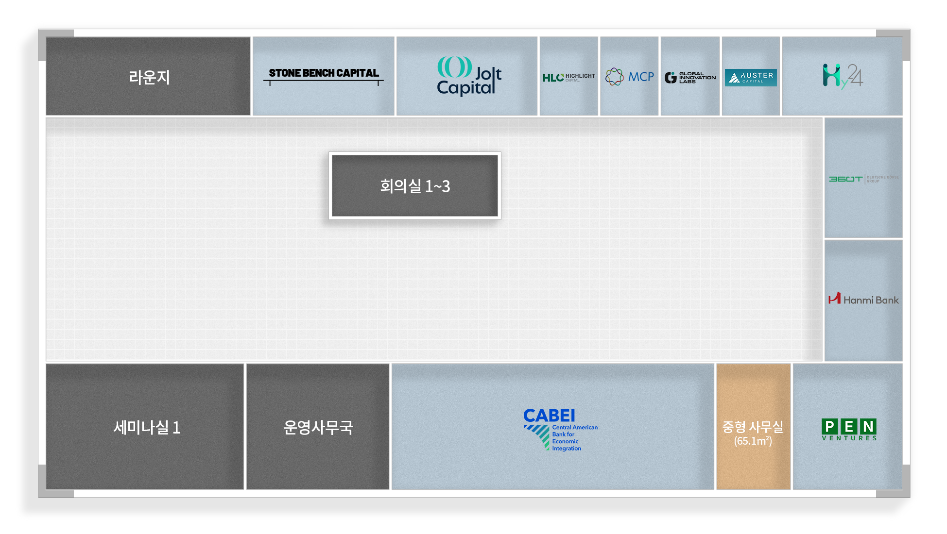라운지
중형사무실 (50.89m2)
중형사무실 (54.63m2)
HLC HIGHLIGHT
君联资本 LEGEND CAPITAL
STONE BENCH CAPITAL
AUSTER
Celenian
회의실 1~3
CABEI
세미나실 1
운영사무국
KCA Capital Partners
Hanmi Bank
Central American Bank for Economic Integration
중형사무실 (65.1m2)
PEN VENTURES