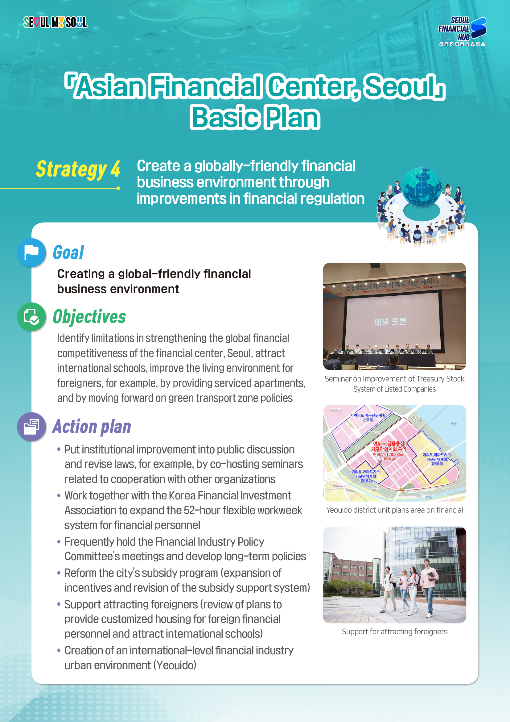 SEOUL MY SOUL / SEOUL FINANCIAL HUB 서울국제금융오피스 / Asian Financial Center, Seoul Basic Plan / Strategy 4 : Create a globally-friendly financial business environment through improvements in financial regulation / Goal : Creating a global-friendly financial business environment / Objectives : Identify limitations in strengthening the global financial competitiveness of the financial center, Seoul, attract international schools, improve the living environment for foreigners, for example, by providing serviced apartments, and by moving forward on green transport zone policies / Action plan : • Put institutional improvement into public discussion
and revise laws, for example, by co-hosting seminars related to cooperation with other organizations • Work together with the Korea Financial Investment Association to expand the 52-hour flexible workweek system for financial personnel • Frequently hold the Financial Industry Policy Committee's meetings and develop long-term policies • Reform the city's subsidy program (expansion of incentives and revision of the subsidy support system) • Support attracting foreigners (review of plans to provide customized housing for foreign financial personnel and attract international schools) • Creation of an international-level financial industry urban environment (Yeouido) / Seminar on Improvement of Treasury Stock System of Listed Companies, Yeouido district unit plans area on financial, Support for attracting foreigners