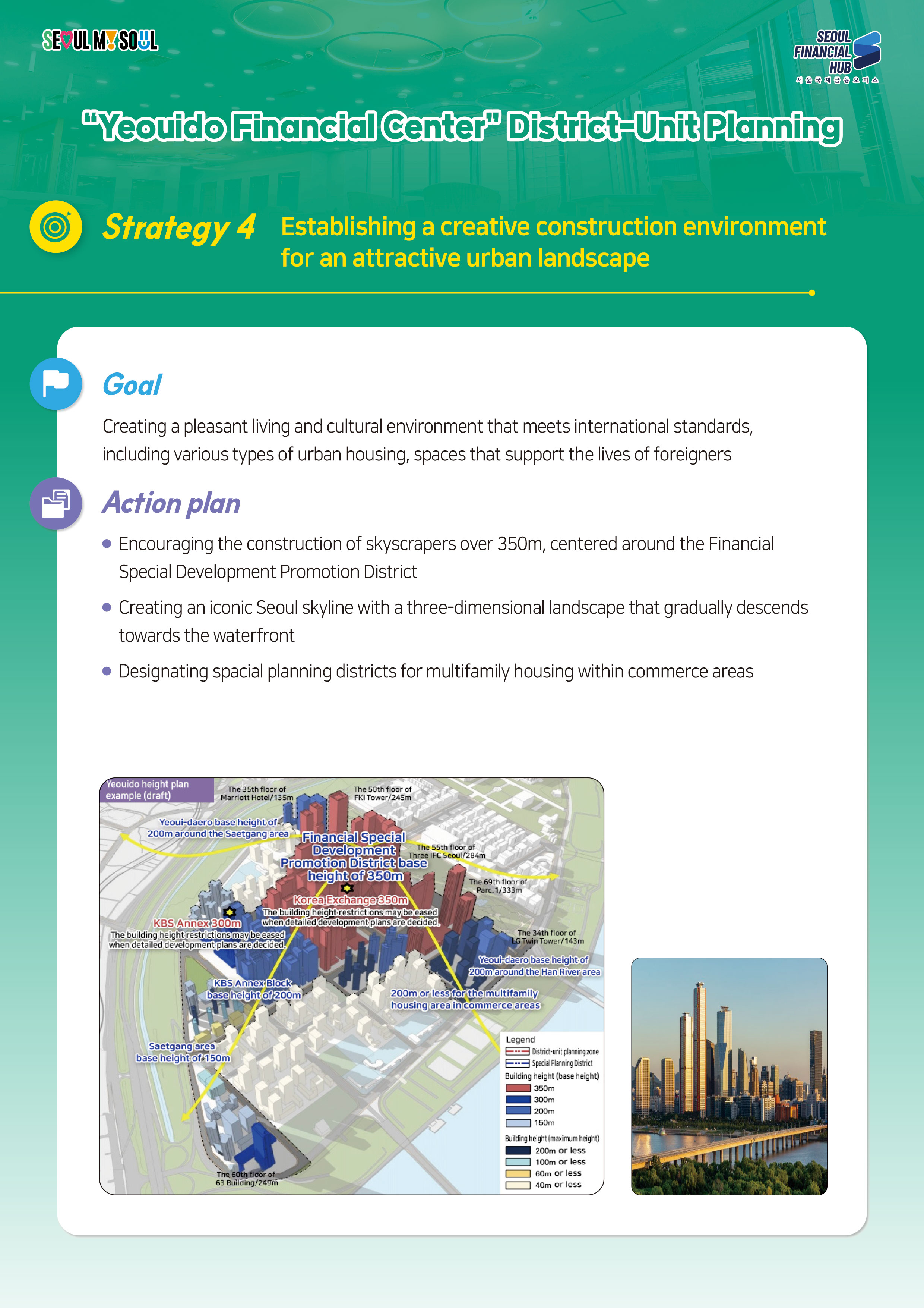 SEOUL MY SOUL / SEOUL FINANCIAL HUB 서울국제금융 오피스 / 'Yeouido Financial Center' District-Unit Planning / Strategy 4 Establishing a creative construction environment for an attractive urban landscape / Goal : Creating a pleasant living and cultural environment that meets international standards, including various types of urban housing, spaces that support the lives of foreigners / Action plan : • Encouraging the construction of skyscrapers over 350m, centered around the Financial Special Development Promotion District • Creating an iconic Seoul skyline with a three-dimensional landscape that gradually descends towards the waterfront • Designating spacial planning districts for multifamily housing within commerce areas / Yeouido height plan example (draft) - The 35th floor of Marriott Hotel/135m, The 50th floor of FKI Tower/245m, Yeoui-daero base height of 200m around the Saetgang area, KBS Annex 300m, The 55th floor of Three IFC Seoul/284m, Financial Special Development Promotion District base height of 350m, Korea Exchange 350m, The building height restrictions may be eased when detailed development plans are decided., The building height restrictions may be eased when detailed development plansare decided., The 69th floor of Parc. 1/333m, KBS Annex Block base height of 200m, The 34th floor of LG Twin Tower/143m, Yeoui-daero base height of 200m around the Han River area, 200m or less for the multifamily housing area in commerce areas, Saetgang area base height of 150m, The 60th floor of, 63 Building/249m / Legend, District-unit planning zone, Special Planning District Building height (base height), 350m, 300m, 200m, 150m, Building height (maximum height), 200m or less, 100m or less, 60m or less, 40m or less