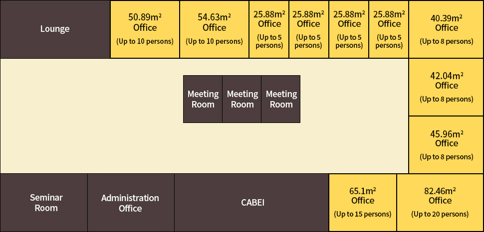 Lounge, 50.89㎡ Office Office (Up to 10 persons), 54.63㎡ Office (Up to 10 persons), 25.88㎡ Office (Up to 5 persons), 25.88㎡ Office (Up to 5 persons), 25.88㎡ Office (Up to 5 persons), 25.88㎡ Office (Up to 5 persons), 40.39㎡ Office (Up to 8 persons), 42.04㎡ Office (Up to 8 persons), 45.96㎡ Office (Up to 8 persons), 82.46㎡ Office (Up to 20 persons), 65.1㎡ Office (Up to 15 persons), CABEI, Administration Office, Seminar Room, Meeting Room, Meeting Room, Meeting Room