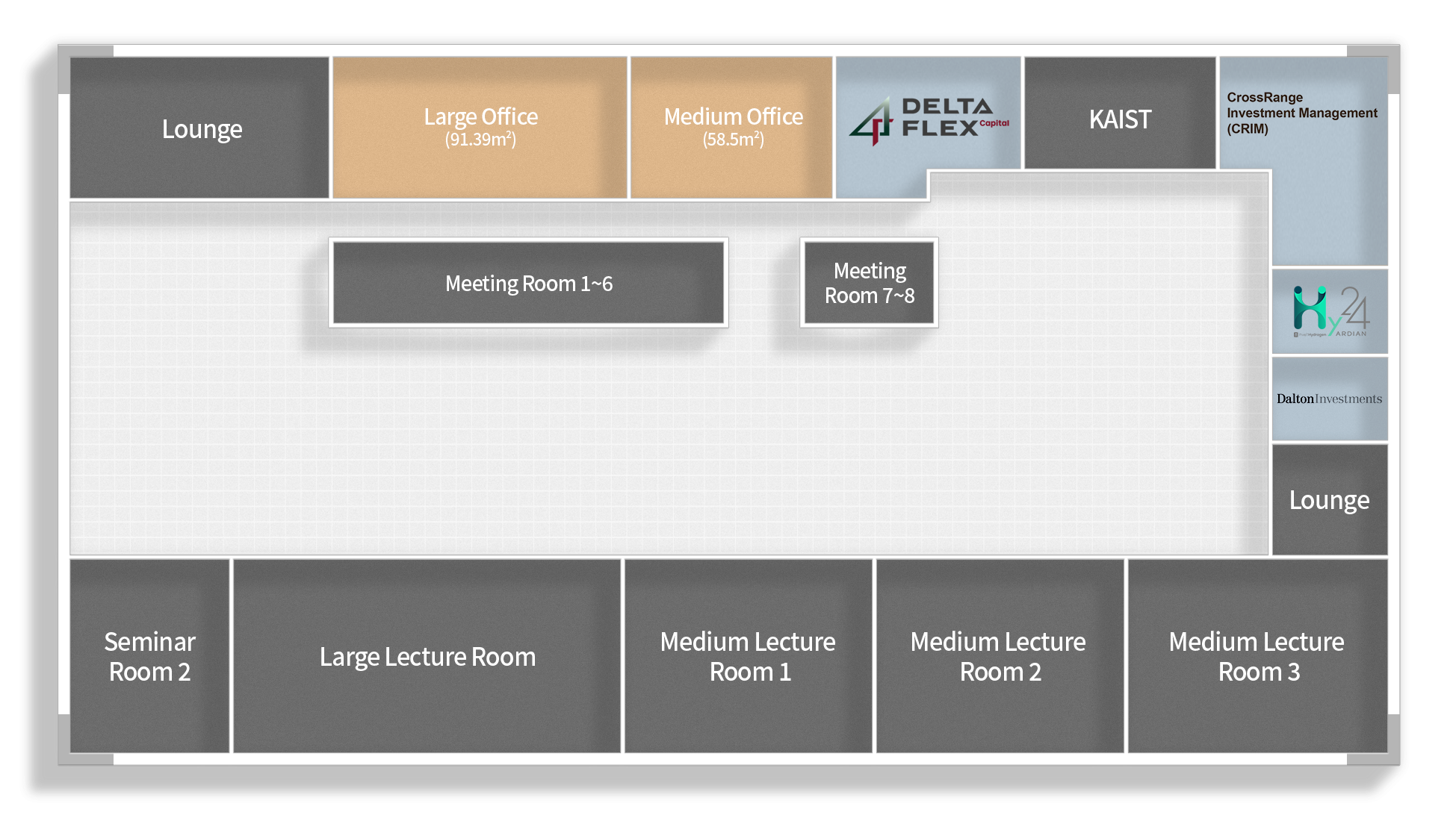 Lounge, 50.89㎡ Office Office (Up to 10 persons), 54.63㎡ Office (Up to 10 persons), 25.88㎡ Office (Up to 5 persons), 25.88㎡ Office (Up to 5 persons), 25.88㎡ Office (Up to 5 persons), 25.88㎡ Office (Up to 5 persons), 40.39㎡ Office (Up to 8 persons), 42.04㎡ Office (Up to 8 persons), 45.96㎡ Office (Up to 8 persons), 82.46㎡ Office (Up to 20 persons), 65.1㎡ Office (Up to 15 persons), CABEI, Administration Office, Seminar Room, Meeting Room, Meeting Room, Meeting Room