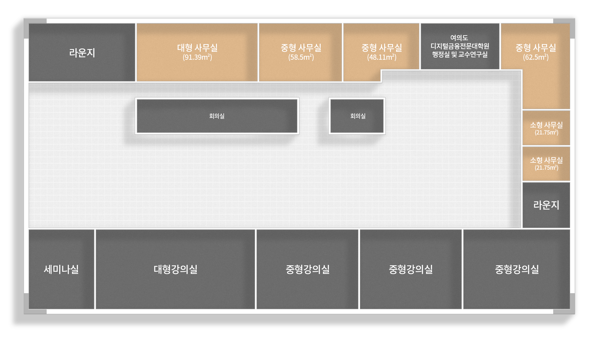 라운지 / 입주 사무실 10인실 (50.89㎡) / 입주 사무실 10인실 (54.63㎡) / 입주 사무실 5인실 (25.88㎡) / 입주 사무실 5인실 (25.88㎡) / 입주 사무실 5인실 (25.88㎡) / 입주 사무실 5인실 (25.88㎡) / 회의실 3개 / 입주 사무실 8인실(40.39㎡) / 입주 사무실 8인실(42.04㎡) / 입주 사무실 8인실 (45.96㎡) / 세미나실 / 운영사무국 / CABEI / 입주 사무실 15인실 (65.1㎡) / 입주 사무실 20인실 (82.46㎡)