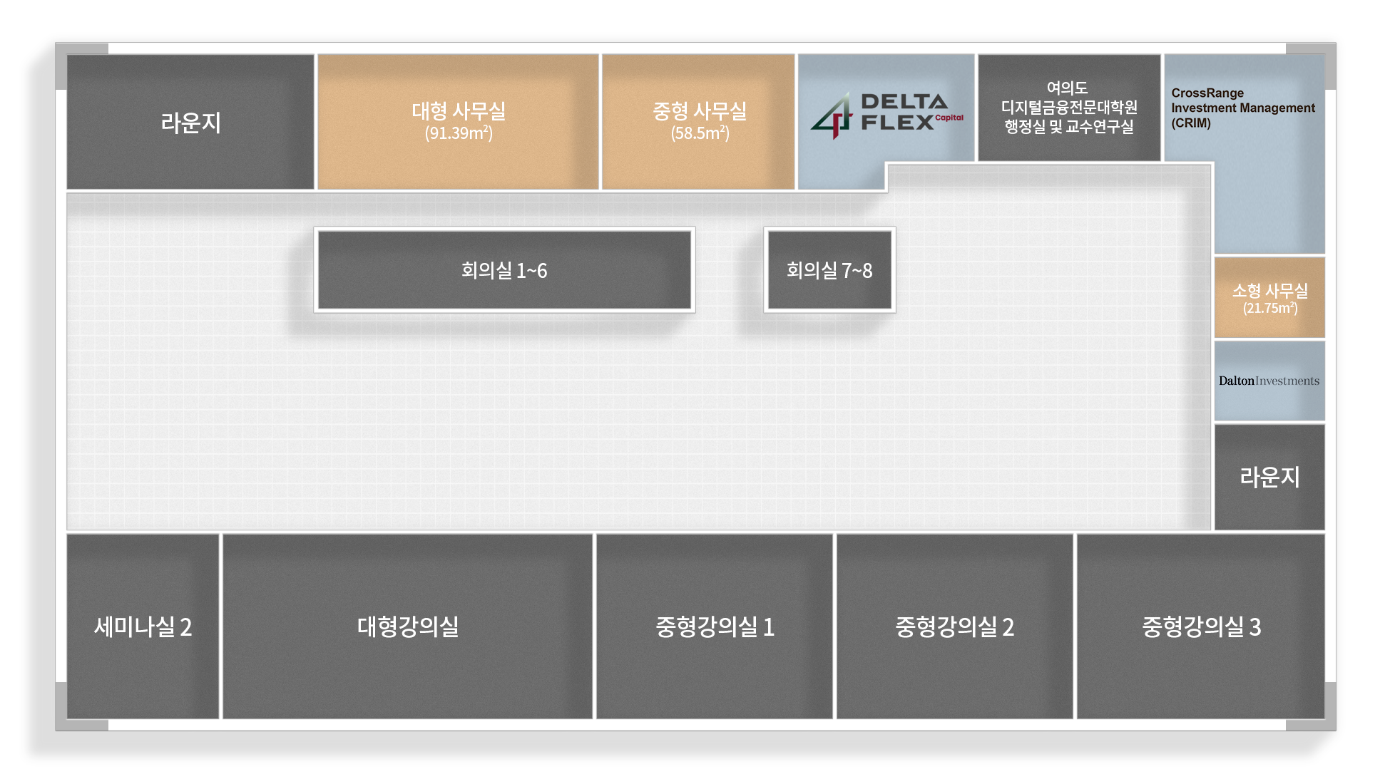 라운지 / 입주 사무실 10인실 (50.89㎡) / 입주 사무실 10인실 (54.63㎡) / 입주 사무실 5인실 (25.88㎡) / 입주 사무실 5인실 (25.88㎡) / 입주 사무실 5인실 (25.88㎡) / 입주 사무실 5인실 (25.88㎡) / 회의실 3개 / 입주 사무실 8인실(40.39㎡) / 입주 사무실 8인실(42.04㎡) / 입주 사무실 8인실 (45.96㎡) / 세미나실 / 운영사무국 / CABEI / 입주 사무실 15인실 (65.1㎡) / 입주 사무실 20인실 (82.46㎡)