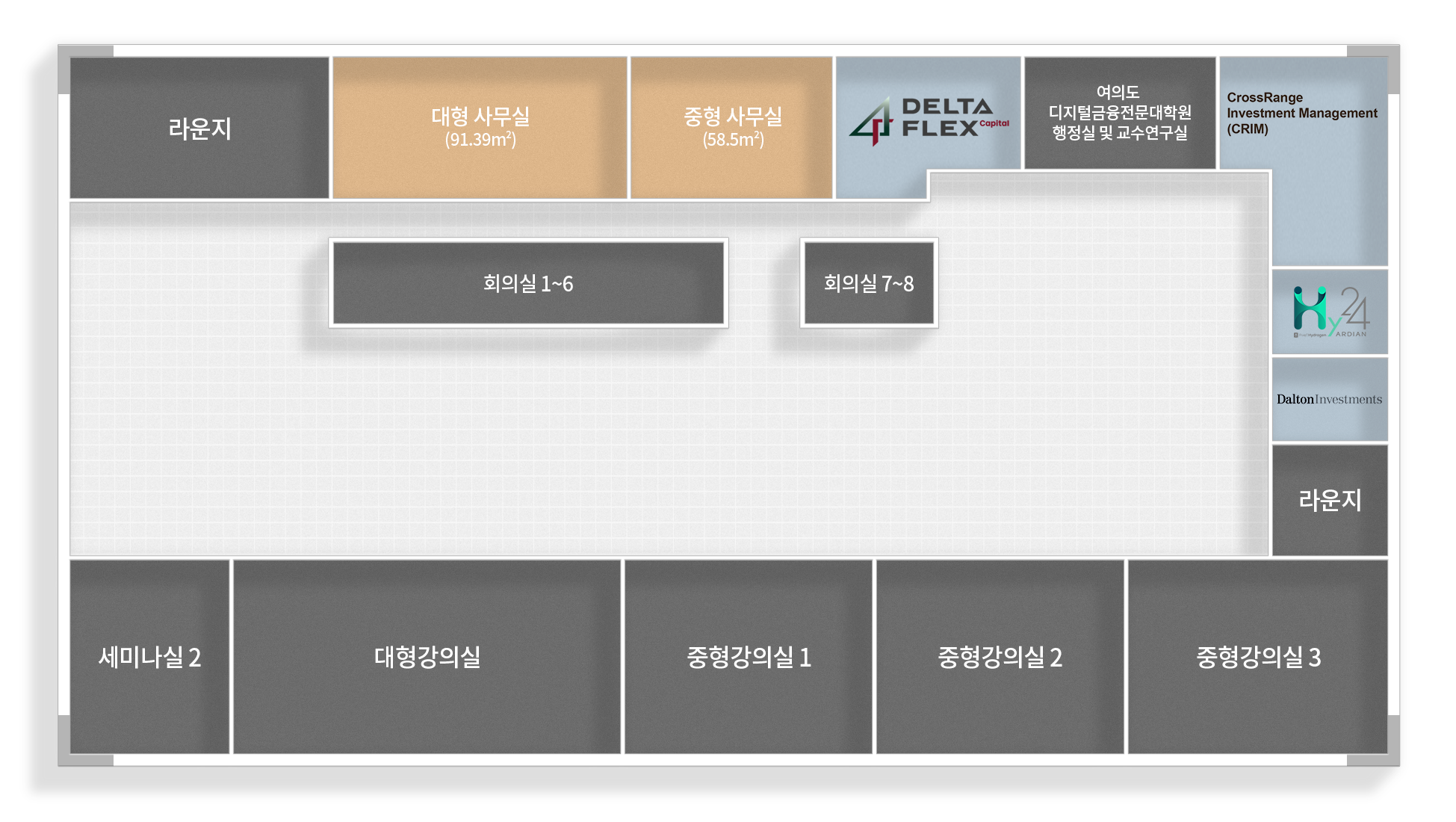 라운지 / 입주 사무실 10인실 (50.89㎡) / 입주 사무실 10인실 (54.63㎡) / 입주 사무실 5인실 (25.88㎡) / 입주 사무실 5인실 (25.88㎡) / 입주 사무실 5인실 (25.88㎡) / 입주 사무실 5인실 (25.88㎡) / 회의실 3개 / 입주 사무실 8인실(40.39㎡) / 입주 사무실 8인실(42.04㎡) / 입주 사무실 8인실 (45.96㎡) / 세미나실 / 운영사무국 / CABEI / 입주 사무실 15인실 (65.1㎡) / 입주 사무실 20인실 (82.46㎡)