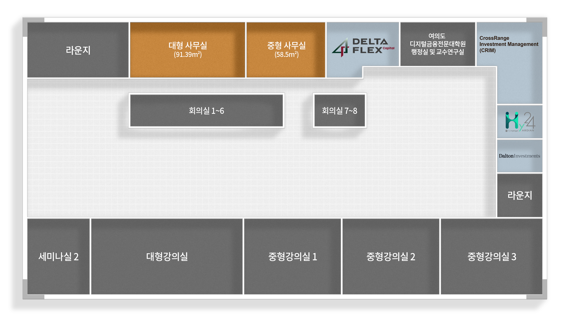 라운지
대형사무실 (91.39m2)
중형 사무실 (58.5m2)
DELTA FLEX
여의도 디지털금융전문대학원 행정실 및 교수연구실
CrossRange Investment Management (CRIM)
회의실 1~6
회의실 7~8
HY24
Dalton Investments
라운지
세미나실 2
대형강의실
중형강의실 1
중형강의실 2
중형강의실 3
