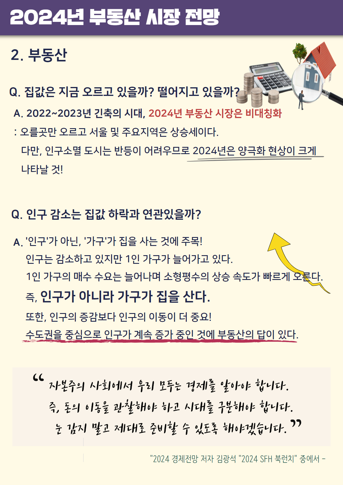 2024년 부동산 시장 전망 2. 부동산 / Q. 집값은 지금 오르고 있을까? 떨어지고 있을까? A. 2022~2023년 긴축의 시대, 2024년 부동산 시장은 비대칭화 : 오를곳만 오르고 서울 및 주요지역은 상승세이다. 다만, 인구소멸 도시는 반등이 어려우므로 2024년은 양극화 현상이 크게 나타날 것! / Q. 인구 감소는 집값 하락과 연관있을까? A. '인구'가 아닌, '가구'가 집을 사는 것에 주목! 인구는 감소하고 있지만 1인 가구가 늘어가고 있다. 1인 가구의 매수 수요는 늘어나며 소형평수의 상승 속도가 빠르게 오른다. 즉, 인구가 아니라 가구가 집을 산다. 또한, 인구의 증감보다 인구의 이동이 더 중요! 수도권을 중심으로 인구가 계속 증가 중인 것에 부동산의 답이 있다. / 자본주의 사회에서 우리 모두는 경제를 알아야 합니다. '즉, 돈의 이동을 관찰해야 하고 시대를 구분해야 합니다. 눈 감지 말고 제대로 준비할 수 있도록 해야겠습니다.' / '2024 경제전망 저자 김광석 2024 SFH 북런치' 중에서 -