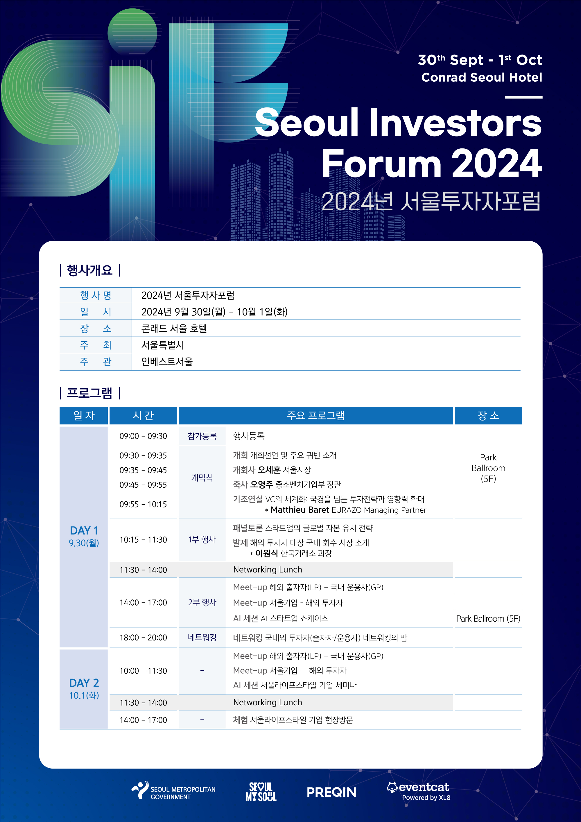 
30th Sept - 1st Oct Conrad Seoul Hotel
Seoul Investors Forum 2024
2024년 서울투자자포럼
행사개요
행사명 2024년 서울투자자포럼
일시 2024년 9월 30일(월) - 10월 1일(화)
장소 콘래드 서울 호텔
주최 서울특별시
주관 인베스트서울

프로그램
DAY 1 9.30(월)
09:00-09:30 참가등록 행사등록 장소 Park Ballroom(5F)
09:30 - 09:35 개막식 개회 개회선언 및 주요 귀빈 소개
09:35 09:45 개막식 개회사 오세훈 서울시장
09:45 - 09:55 축사 오영주 중소벤처기업부 장관
09:55 10:15 기조연설 VC의 세계화: 국경을 넘는 투자전략과 영향력 확대 * Matthieu Baret EURAZO Managing Partner

10:15 - 11:30 1부 행사 패널토론 스타트업의 글로벌 자본 유치 전략
발제 해외 투자자 대상 국내 회수 시장 소개 *이원식 한국거래소 과장
11:30 - 14:00 Networking Lunch
14:00 - 17:00 Meet-up 2부 행사 해외 출자자(LP) - 국내 운용사(GP)
Meet-up 서울기업 - 해외 투자자
AI 세션 AI 스타트업 쇼케이스
18:00 - 20:00 네트워킹 네트워킹 국내외 투자자(출자자/운용사) 네트워킹의 밤

DAY 2 10.1 (화)
10:00 - 11:30 Meet-up 해외 출자자(LP) - 국내 운용사(GP) Park Ballroom (5F)
Meet-up 서울기업 - 해외 투자자
AI 세션 서울라이프스타일 기업 세미나
11:30 - 14:00 Networking Lunch
14:00 - 17:00 체험 서울라이프스타일 기업 현장방문 / SEOUL METROPOLITAN GOVERNMENT, SEOUL MY SOUL, PREQIN, eventcat Powered by XL8