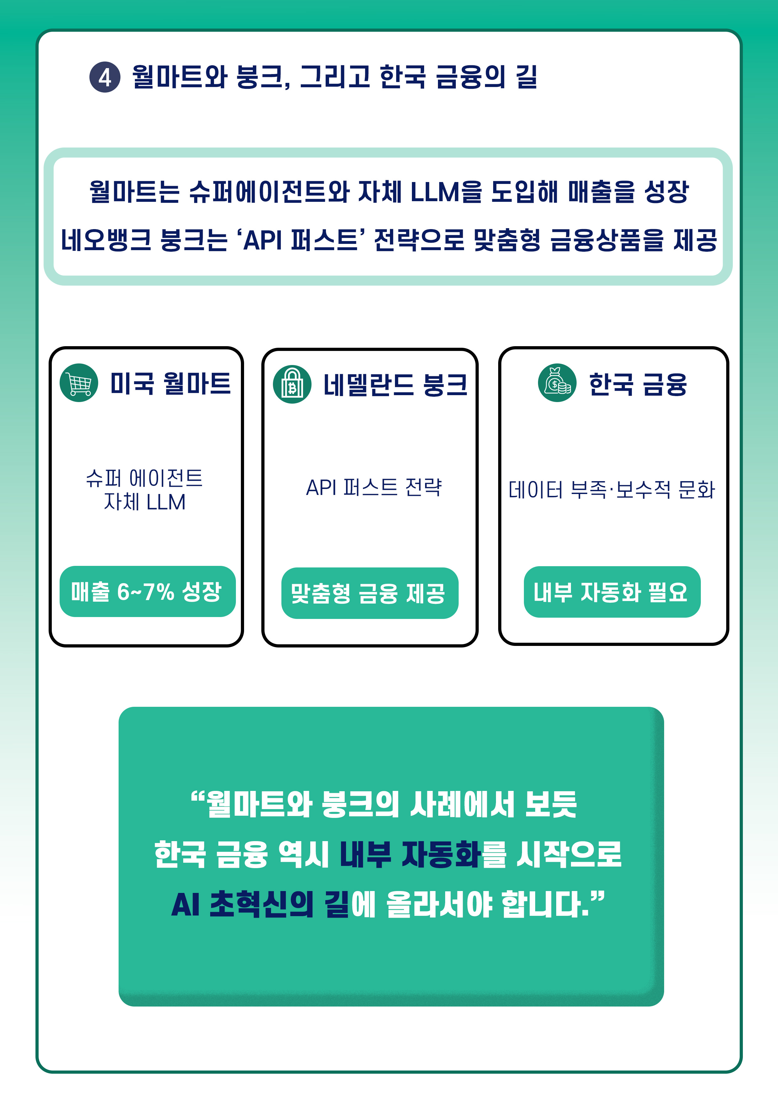 ④ 월마트와 붕크, 그리고 한국 금융의 길
월마트는 슈퍼에이전트와 자체 LLM을 도입해 매출을 성장
네오뱅크 붕크는 ‘API 퍼스트’ 전략으로 맞춤형 금융상품을 제공
미국 월마트 : 슈퍼 에이전트 자체 LLM, 매출 6~7% 성장
네덜란드 붕크 : API 퍼스트 전략, 맞춤형 금융 제공
한국 금융 : 데이터 부족·보수적 문화, 내부 자동화 필요
월마트와 붕크의 사례에서 보듯
한국 금융 역시 내부 자동화를 시작으로
AI 초혁신의 길에 올라서야 합니다.