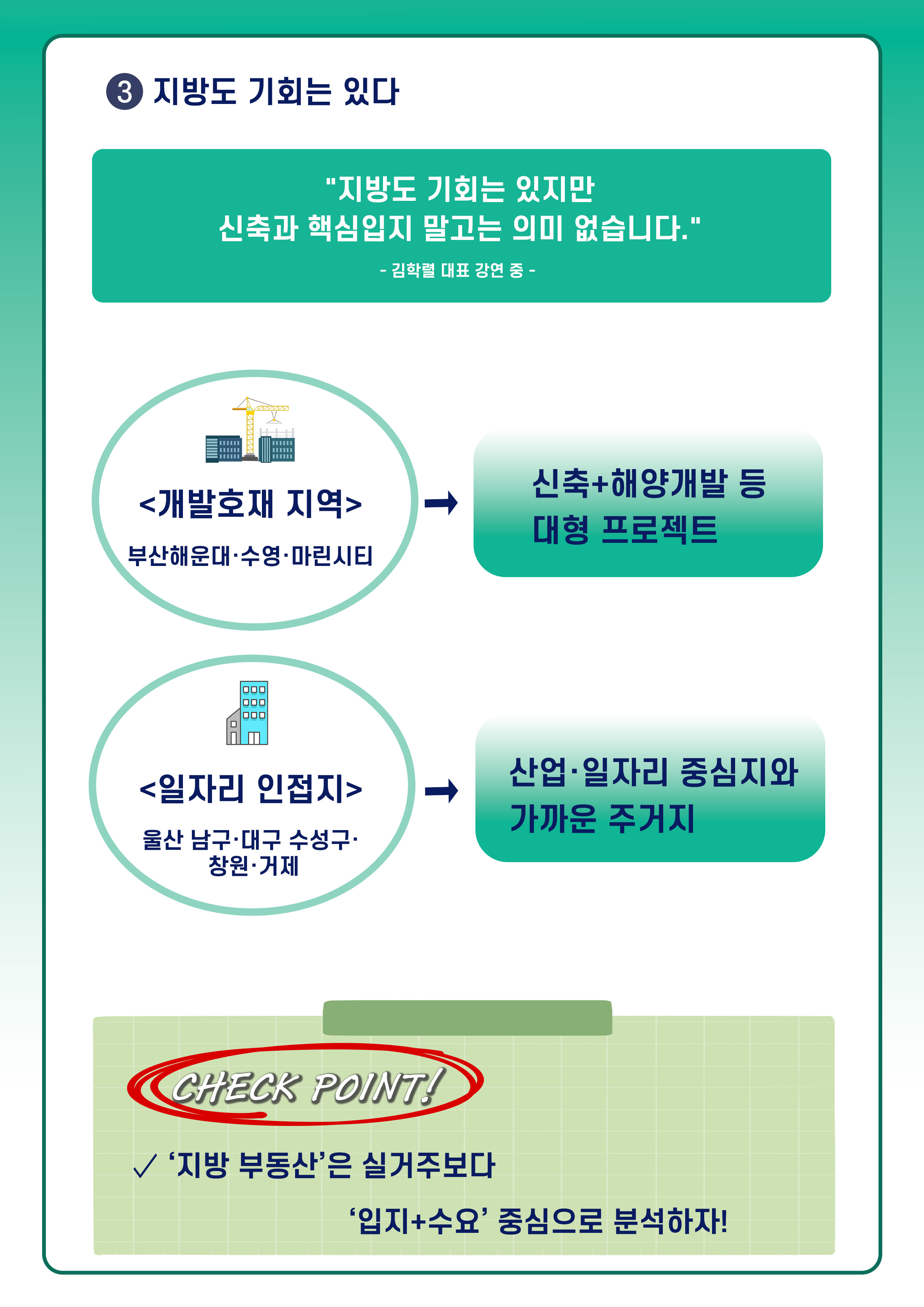 ③지방도 기회는 있다
지방도 기회는 있지만 신축과 핵심입지 말고는 의미 없습니다.
김학렬 대표 강연 중 -
개발호재 지역 : 부산해운대·수영·마린시티 → 신축+해양개발 등 대형 프로젝트
일자리 인접지 : 울산 남구·대구 수성구·창원·거제 → 산업·일자리 중심지와 가까운 주거지
CHECK POINT!
✓ 지방 부동산은 실거주보다 입지+수요 중심으로 분석하자!
